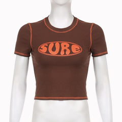 Stitch contrast short sleeve "sure" pattern crewneck crop top