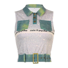 Letter print patchwork turnover collar buckle crop top