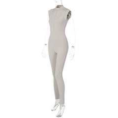 Cap sleeve zip-up high neck solid jumpsuit