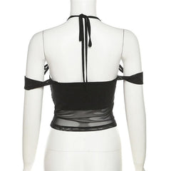 Mesh off shoulder halter solid backless ruched top