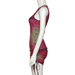 Polka dot contrast one shoulder drawstring irregular mini dress