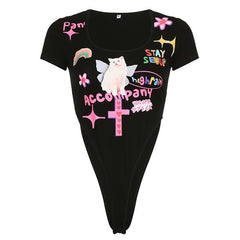 Cat pattern contrast short sleeve u neck hollow out bodysuit