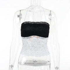 Halter bowknot lace contrast backless see through crop top