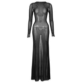 Long sleeve lace up sheer mesh see through maxi dress