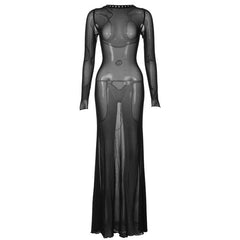 Long sleeve lace up sheer mesh see through maxi dress