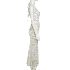 Halter irregular v neck ruched backless contrast print maxi skirt set