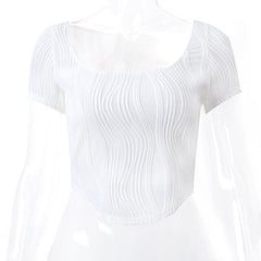 Textured solid short sleeve u neck crop top