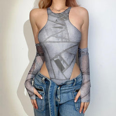 Sleeveless gloves contrast print round neck button bodysuit