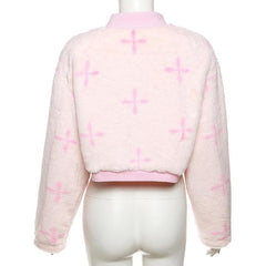 Fluffy contrast button turnover collar long sleeve coat top