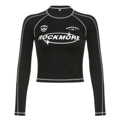 Stitch long sleeve "ROCKMORE" pattern crewneck contrast top