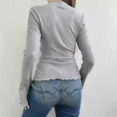 Ruched patchwork contrast long sleeve ruffle top