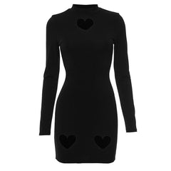 Heart hollow out long sleeve solid high neck mini dress