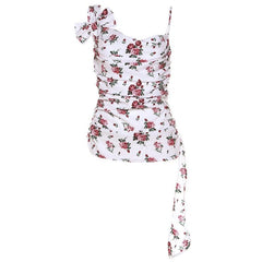 Flower print irregular contrast bowknot ruched zip-up top