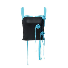 Contrast patchwork sleeveless flower applique v neck backless top