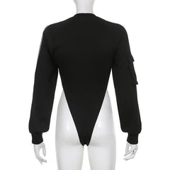 Pocket letter print long sleeve crewneck contrast bodysuit