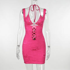 Halter o ring lace up lace backless hollow out solid mini dress
