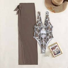 Mesh snakeskin self tie one piece swimwear with beach skirt
