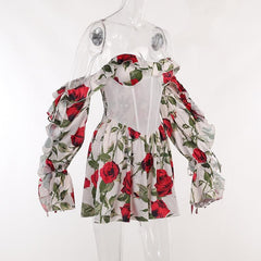 Off shoulder contrast long sleeve flower pattern backless mini dress