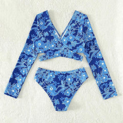 Flower pattern long sleeve contrast v neck bikini swimwear