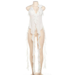 Halter rose applique sheer mesh ruffle v neck backless crop top