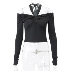 Long sleeve off shoulder halter ruched backless solid hollow out top