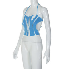 Solid halter self tie backless knitted hollow out crop top