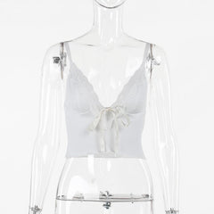 V neck lace hem backless bowknot ribbon crop cami top