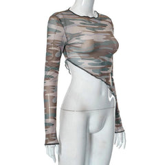 Stitch camouflage long sleeve crewneck sheer mesh see through crop top