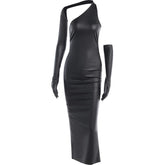 Gloves solid PU leather irregular one shoulder slit midi dress