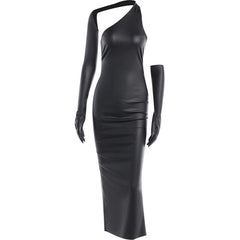 Gloves solid PU leather irregular one shoulder slit midi dress