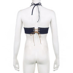 Stitch contrast buckle v neck halter lace up backless denim crop top - Final Sale