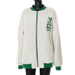 Fluffy embroidery contrast zip-up long sleeve coat