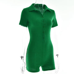 Textured button turnover collar short sleeve romper