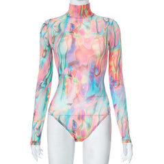 Long sleeve high neck sheer mesh contrast bodysuit
