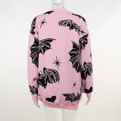 Long sleeve crewneck bat print contrast knitted sweater top