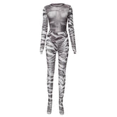 Gloves contrast print long sleeve sheer mesh see through bodysuit pant set