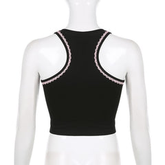 Button "sweetwon" pattern sleeveless lace hem contrast crop top - Final Sale