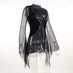 Mesh crewneck long sleeve see through embroidery mini dress