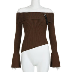 Knitted long flared sleeve buckle off shoulder slit top