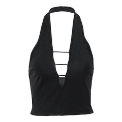 Halter irregular v neck backless solid crop top