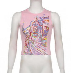 Sleeveless crewneck abstract contrast top