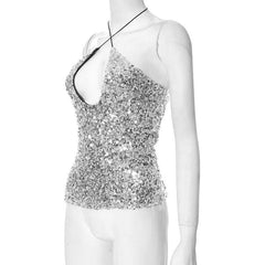 Cross front halter self tie glitter hollow out backless top