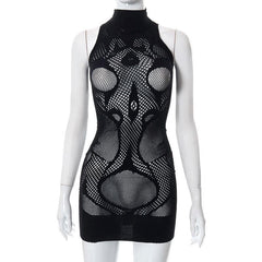 Fishnet sleeveless hollow out high neck see through mini dress
