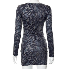 Button hollow out long sleeve round neck ripple contrast mini dress