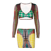 Polka dot thermal u neck contrast long sleeve zip-up mini skirt set
