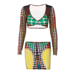 Polka dot thermal u neck contrast long sleeve zip-up mini skirt set