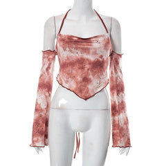 Halter off shoulder self tie ruffle long sleeve backless tie dye top