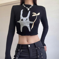 Patchwork contrast high neck long sleeve ruffle crop top