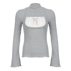 Ruched patchwork contrast long sleeve ruffle top