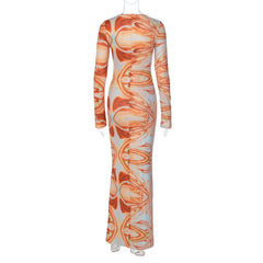 Contrast print o ring v neck long sleeve maxi dress
